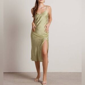 Isalis fruit salad satin high slit midi dress in green